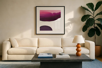 Swish of Magenta III by Piper Rhue. Displayed in a glass frame with matte in a clean modern living room. Available as an archival giclee rolled canvas, fine art paper, or poster print. SKU 34928a.