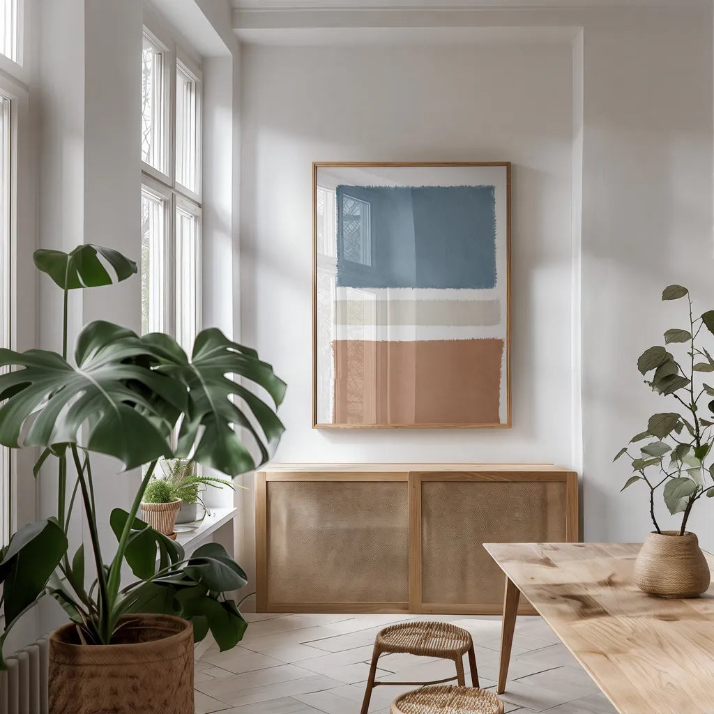 Warm Painted Weaving V by Piper Rhue. shown as a print in a natural wood frame in a dining room. Available as a archival giclee rolled canvas, fine art paper, or poster print. SKU 75558h.