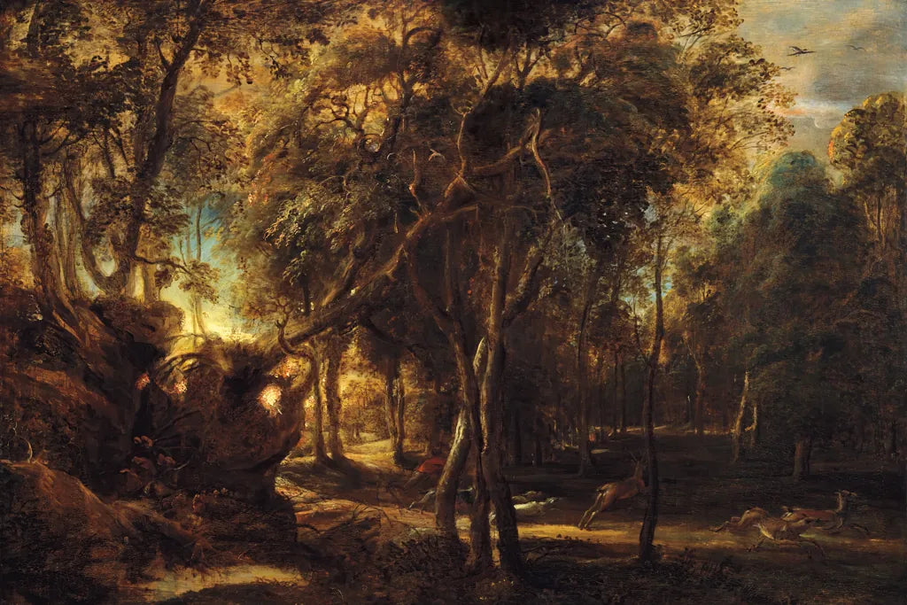 A Forest at Dawn with a Deer Hunt by Public Domain. SKU 95528i. Archival Giclee Fine art print for wall decor.