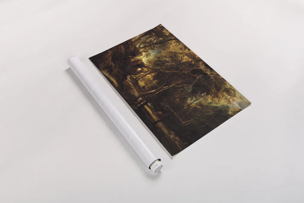 A Forest at Dawn with a Deer Hunt by Public Domain. shown as a rolled paper print. Available as archival giclee rolled canvas, fine art paper, or poster print. SKU 95528i.