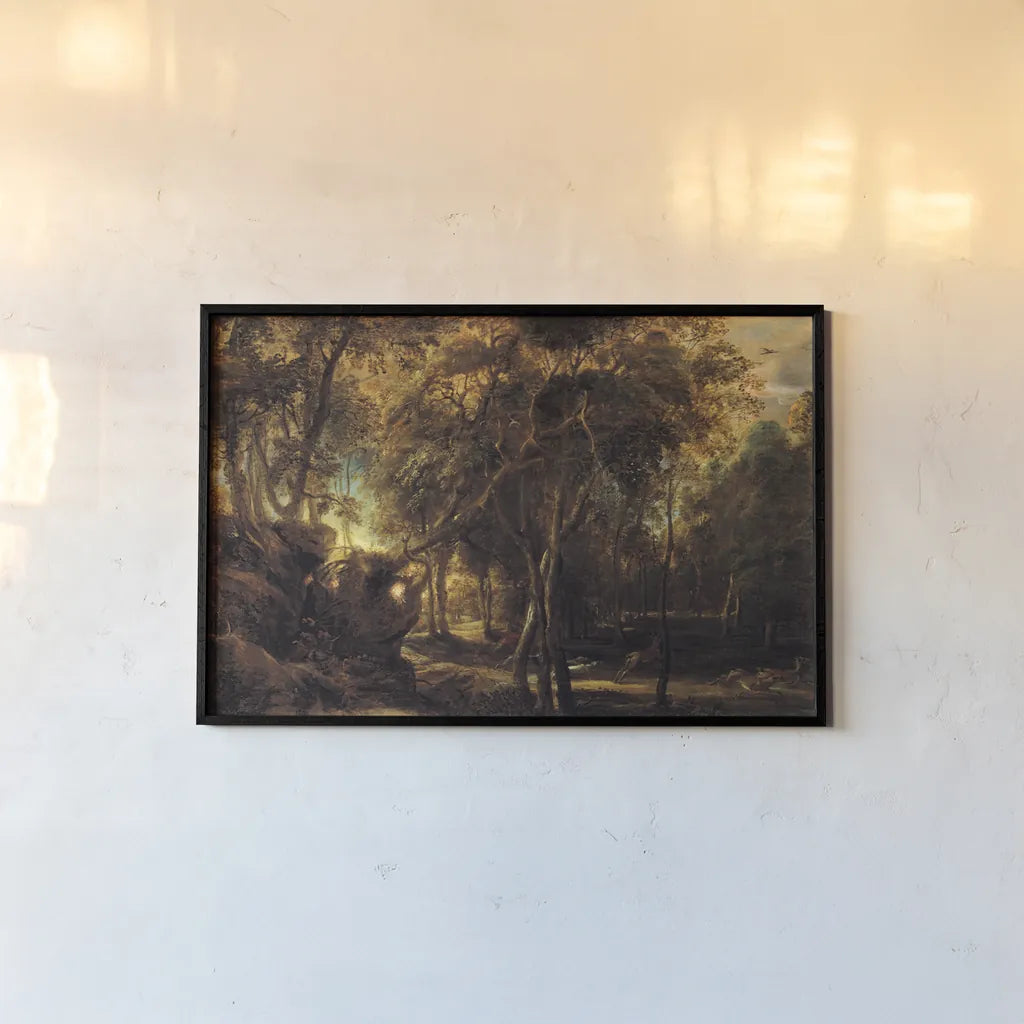 A Forest at Dawn with a Deer Hunt by Public Domain. shown as a paper print in a black flame. Available as a archival giclee rolled canvas, fine art paper, or poster print. SKU 95528i.