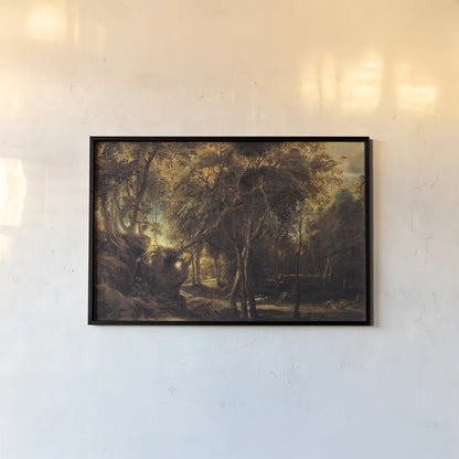 A Forest at Dawn with a Deer Hunt by Public Domain. shown as a paper print in a black flame. Available as a archival giclee rolled canvas, fine art paper, or poster print. SKU 95528i.