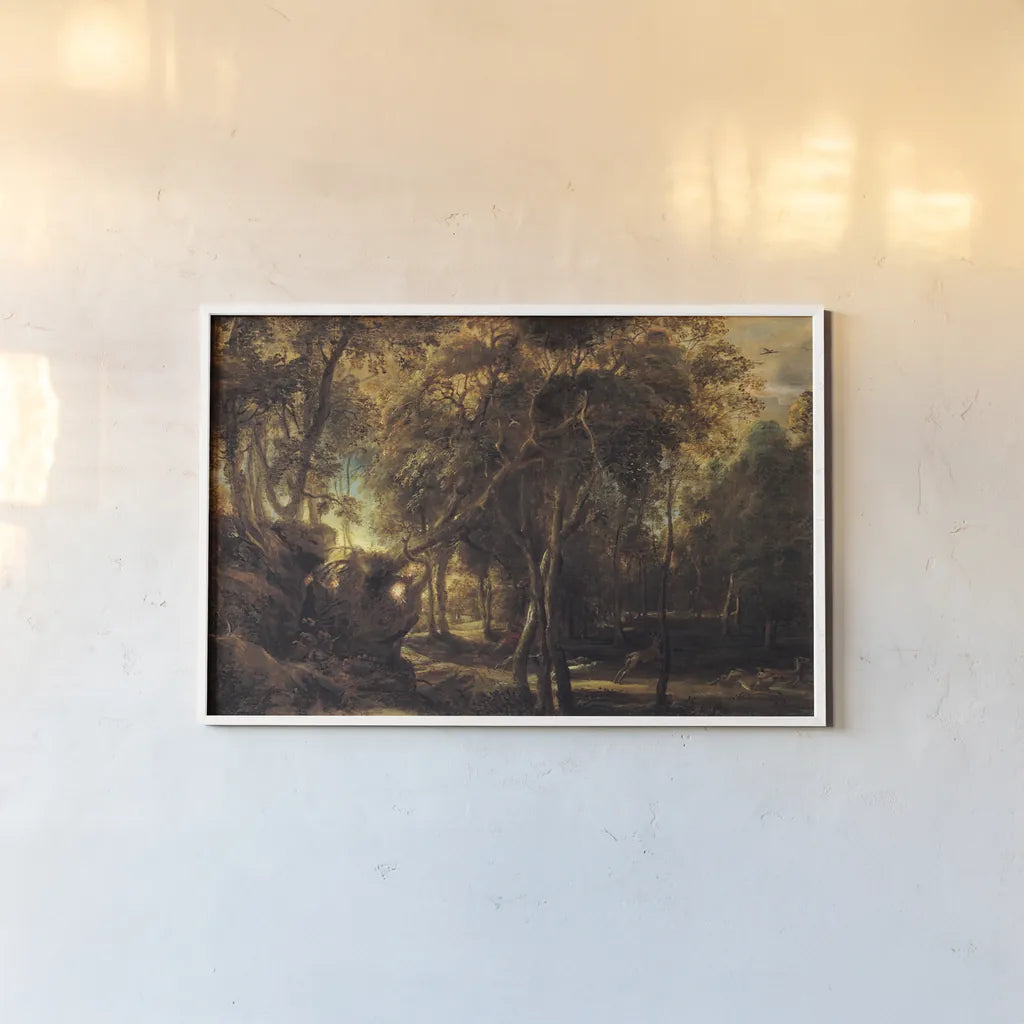 A Forest at Dawn with a Deer Hunt by Public Domain. shown as a paper print in a white frame. Available as a archival giclee rolled canvas, fine art paper, or poster print. SKU 95528i.