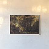 A Forest at Dawn with a Deer Hunt by Public Domain. shown as a paper print in a white frame. Available as a archival giclee rolled canvas, fine art paper, or poster print. SKU 95528i.