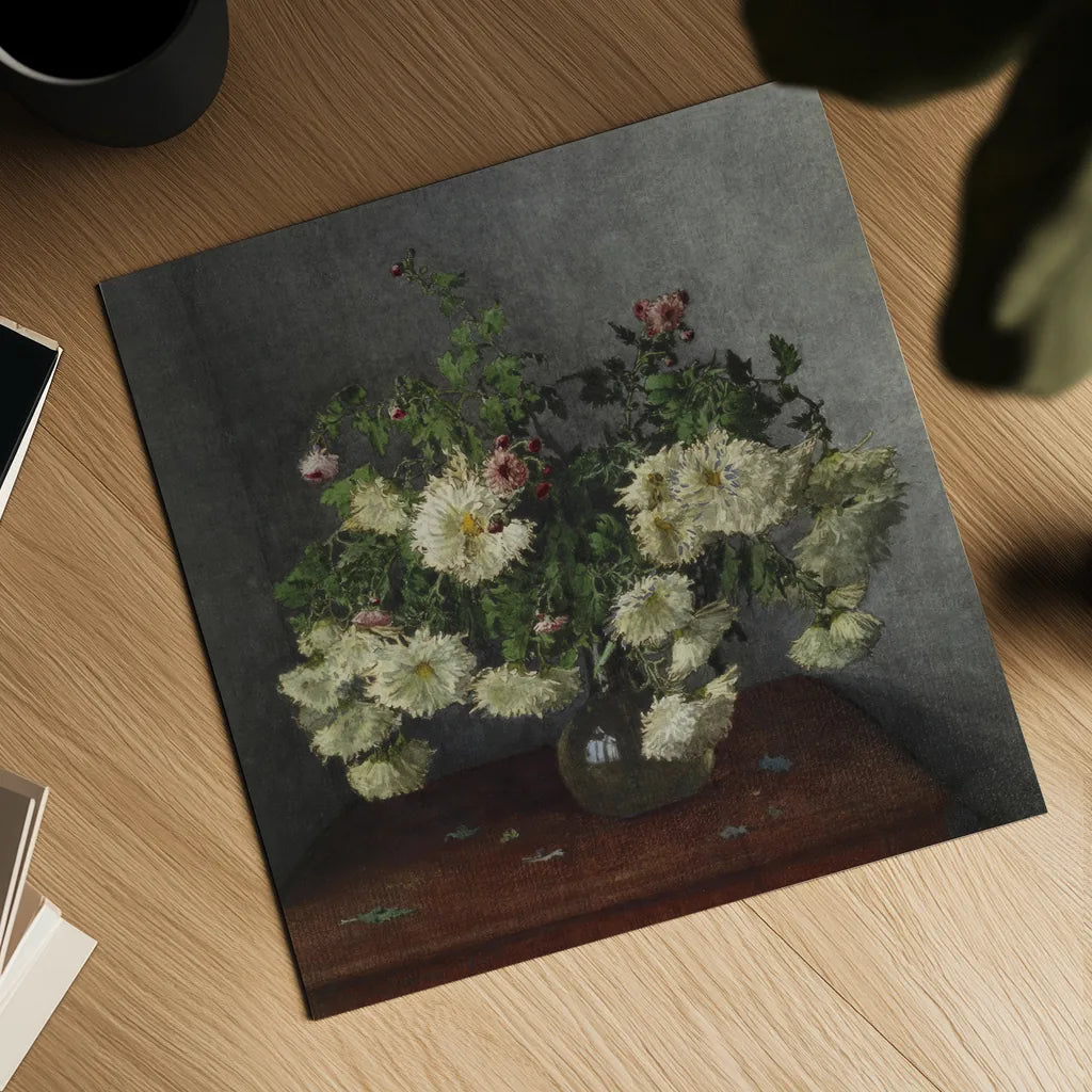 Bouquet of Chrysanthemum and Daisies by Public Domain. Shown as a detailed flat fine art print, highlighting archival giclee quality. Available as an archival giclee rolled canvas, fine art paper, or poster print. SKU 96756a.