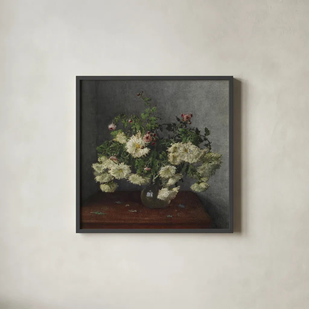 Bouquet of Chrysanthemum and Daisies by Public Domain. Shown in a sleek black glass frame for a contemporary gallery look. Available as an archival giclee rolled canvas, fine art paper, or poster print. SKU 96756a.
