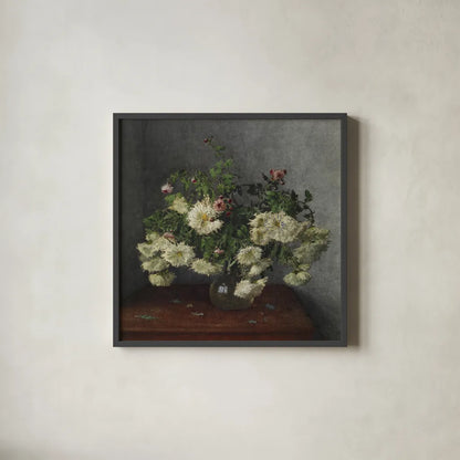 Bouquet of Chrysanthemum and Daisies by Public Domain. Shown in a sleek black glass frame for a contemporary gallery look. Available as an archival giclee rolled canvas, fine art paper, or poster print. SKU 96756a.