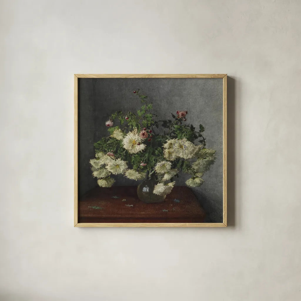 Bouquet of Chrysanthemum and Daisies by Public Domain. Shown in a natural wood glass frame for a timeless modern aesthetic. Available as an archival giclee rolled canvas, fine art paper, or poster print. SKU 96756a.