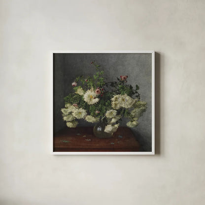 Bouquet of Chrysanthemum and Daisies by Public Domain. Shown in a crisp white glass frame for a clean and minimalist style. Available as an archival giclee rolled canvas, fine art paper, or poster print. SKU 96756a.