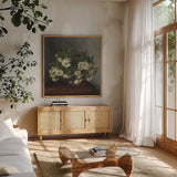 Bouquet of Chrysanthemum and Daisies by Public Domain. Shown in a natural wood frame in a cozy modern living room. Available as an archival giclee rolled canvas, fine art paper, or poster print. SKU 96756a.
