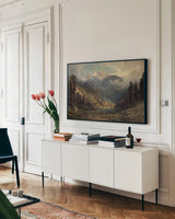 California Pines by Public Domain. shown as a framed stretched canvas in a living room above a console. Available as a archival giclee rolled canvas, fine art paper, or poster print. SKU 95529i.