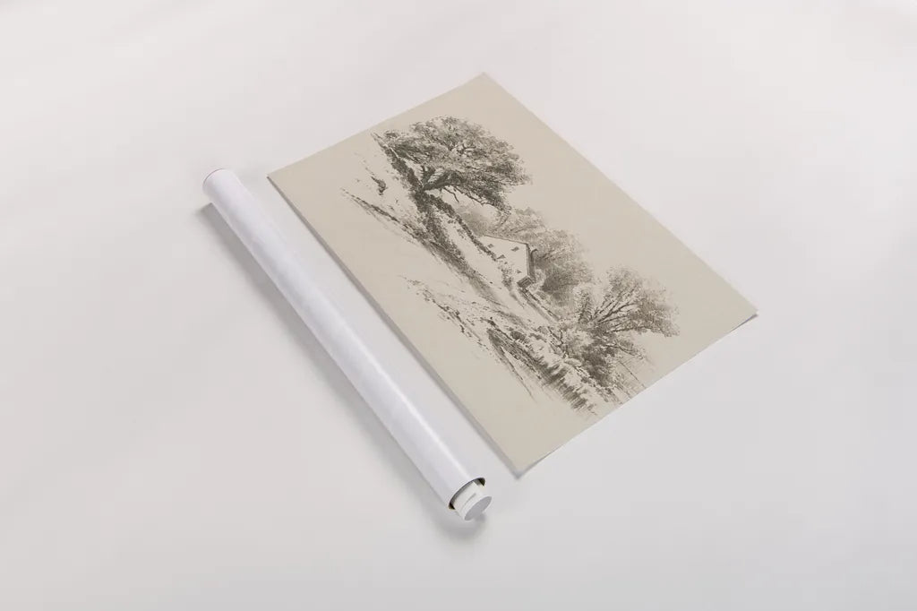Cottage Pencil Drawing I by Public Domain. shown as a rolled paper print. Available as archival giclee rolled canvas, fine art paper, or poster print. SKU 96284i.