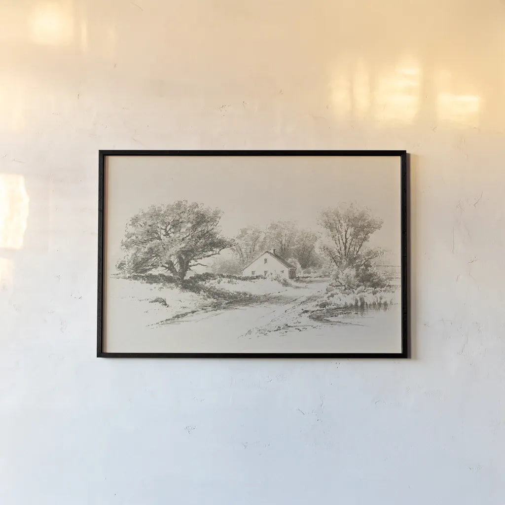 Cottage Pencil Drawing I by Public Domain. shown as a paper print in a black flame. Available as a archival giclee rolled canvas, fine art paper, or poster print. SKU 96284i.