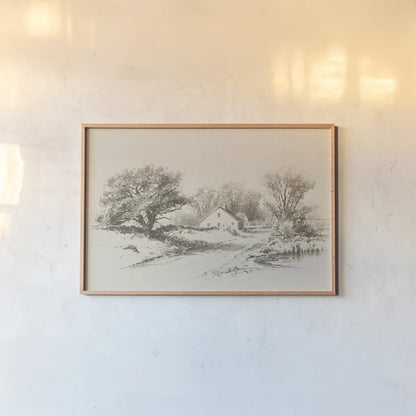 Cottage Pencil Drawing I by Public Domain. shown as a paper print in a natural frame. Available as a archival giclee rolled canvas, fine art paper, or poster print. SKU 96284i.