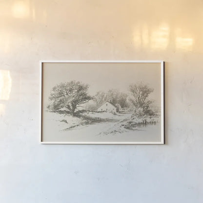 Cottage Pencil Drawing I by Public Domain. shown as a paper print in a white frame. Available as a archival giclee rolled canvas, fine art paper, or poster print. SKU 96284i.