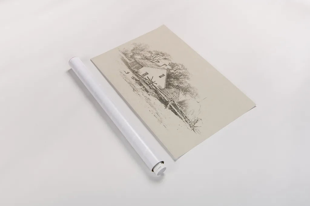 Cottage Pencil Drawing II by Public Domain. shown as a rolled paper print. Available as archival giclee rolled canvas, fine art paper, or poster print. SKU 96285i.