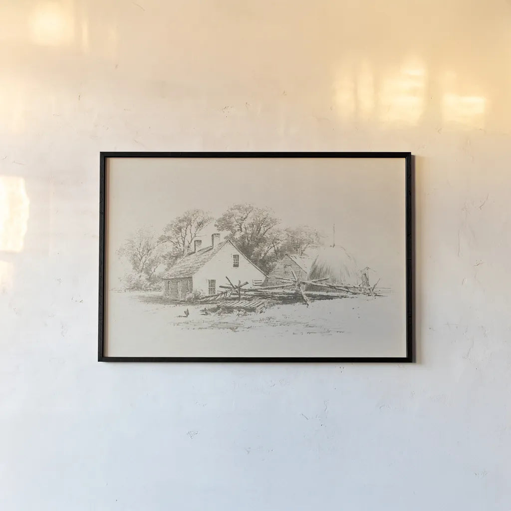 Cottage Pencil Drawing II by Public Domain. shown as a paper print in a black flame. Available as a archival giclee rolled canvas, fine art paper, or poster print. SKU 96285i.