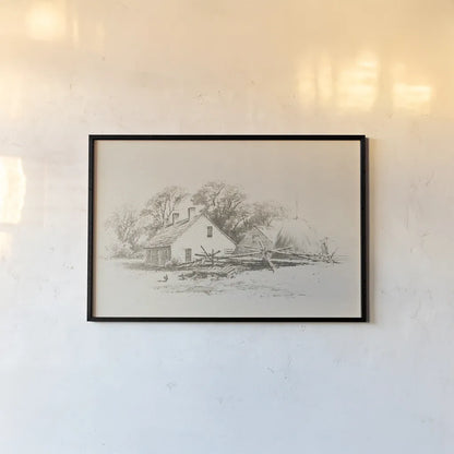 Cottage Pencil Drawing II by Public Domain. shown as a paper print in a black flame. Available as a archival giclee rolled canvas, fine art paper, or poster print. SKU 96285i.