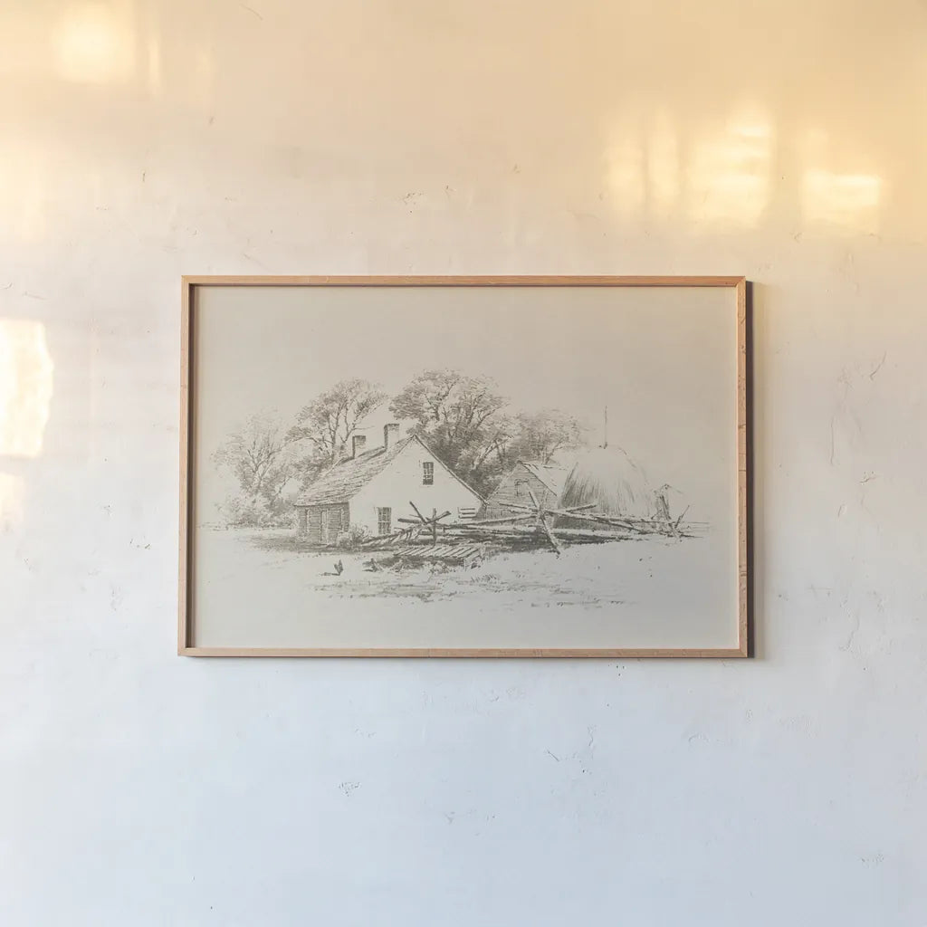 Cottage Pencil Drawing II by Public Domain. shown as a paper print in a natural frame. Available as a archival giclee rolled canvas, fine art paper, or poster print. SKU 96285i.