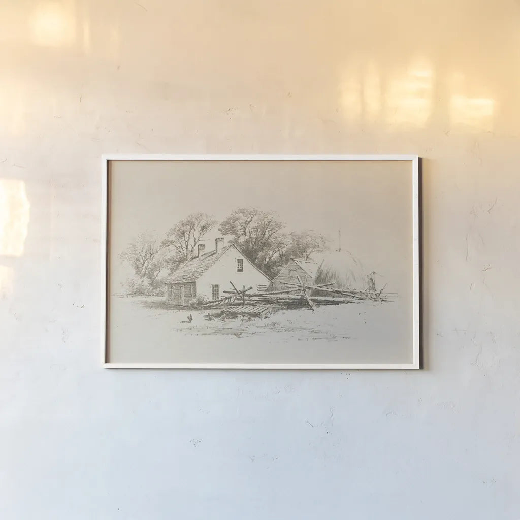 Cottage Pencil Drawing II by Public Domain. shown as a paper print in a white frame. Available as a archival giclee rolled canvas, fine art paper, or poster print. SKU 96285i.