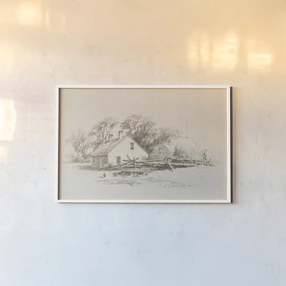 Cottage Pencil Drawing II by Public Domain. shown as a paper print in a white frame. Available as a archival giclee rolled canvas, fine art paper, or poster print. SKU 96285i.