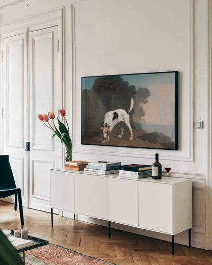 Foxhound by Public Domain. shown as a framed stretched canvas in a living room above a console. Available as a archival giclee rolled canvas, fine art paper, or poster print. SKU 95530i.