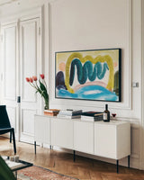 Pond in Sunlight by Public Domain. shown as a framed stretched canvas in a living room above a console. Available as a archival giclee rolled canvas, fine art paper, or poster print. SKU 93209i.