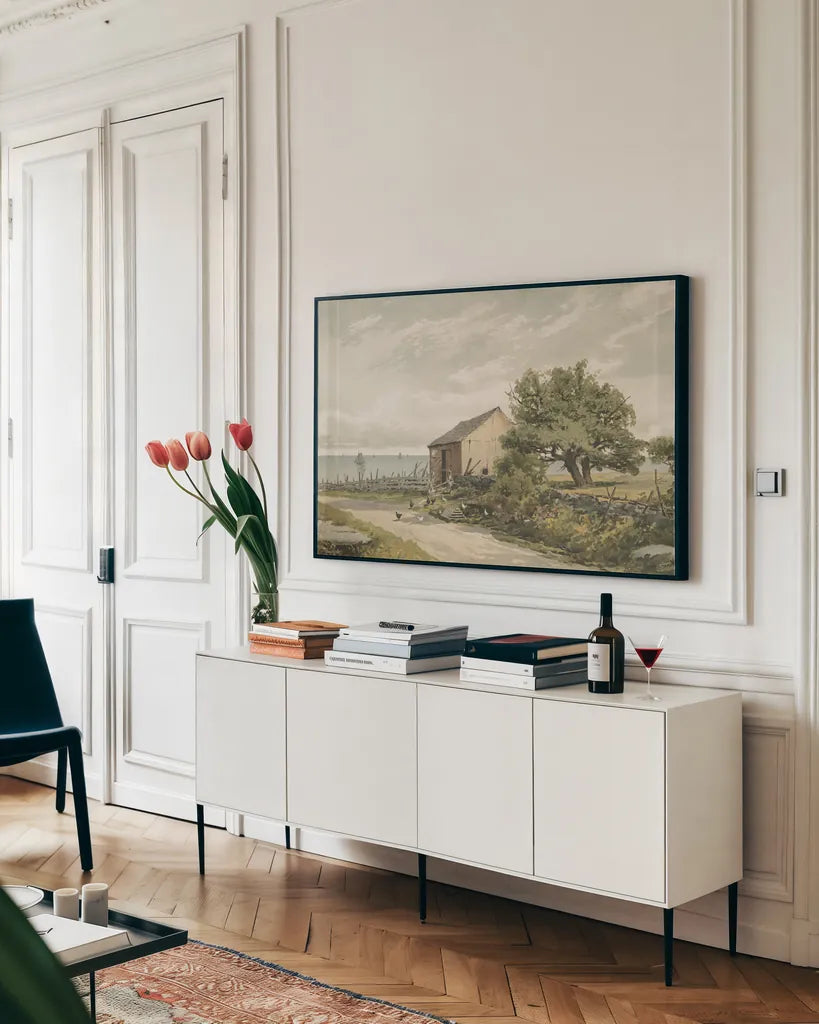 Road to the Shore by Public Domain. shown as a framed stretched canvas in a living room above a console. Available as a archival giclee rolled canvas, fine art paper, or poster print. SKU 96283i.