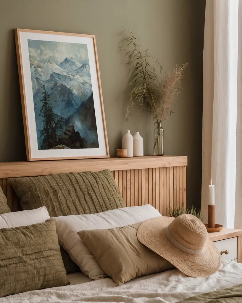 Summit of the Sierras by Public Domain. shown as a paper print in a natural frame. Available as a archival giclee rolled canvas, fine art paper, or poster print. SKU 95541h.