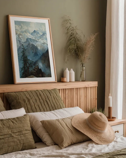 Summit of the Sierras by Public Domain. shown as a paper print in a natural frame. Available as a archival giclee rolled canvas, fine art paper, or poster print. SKU 95541h.