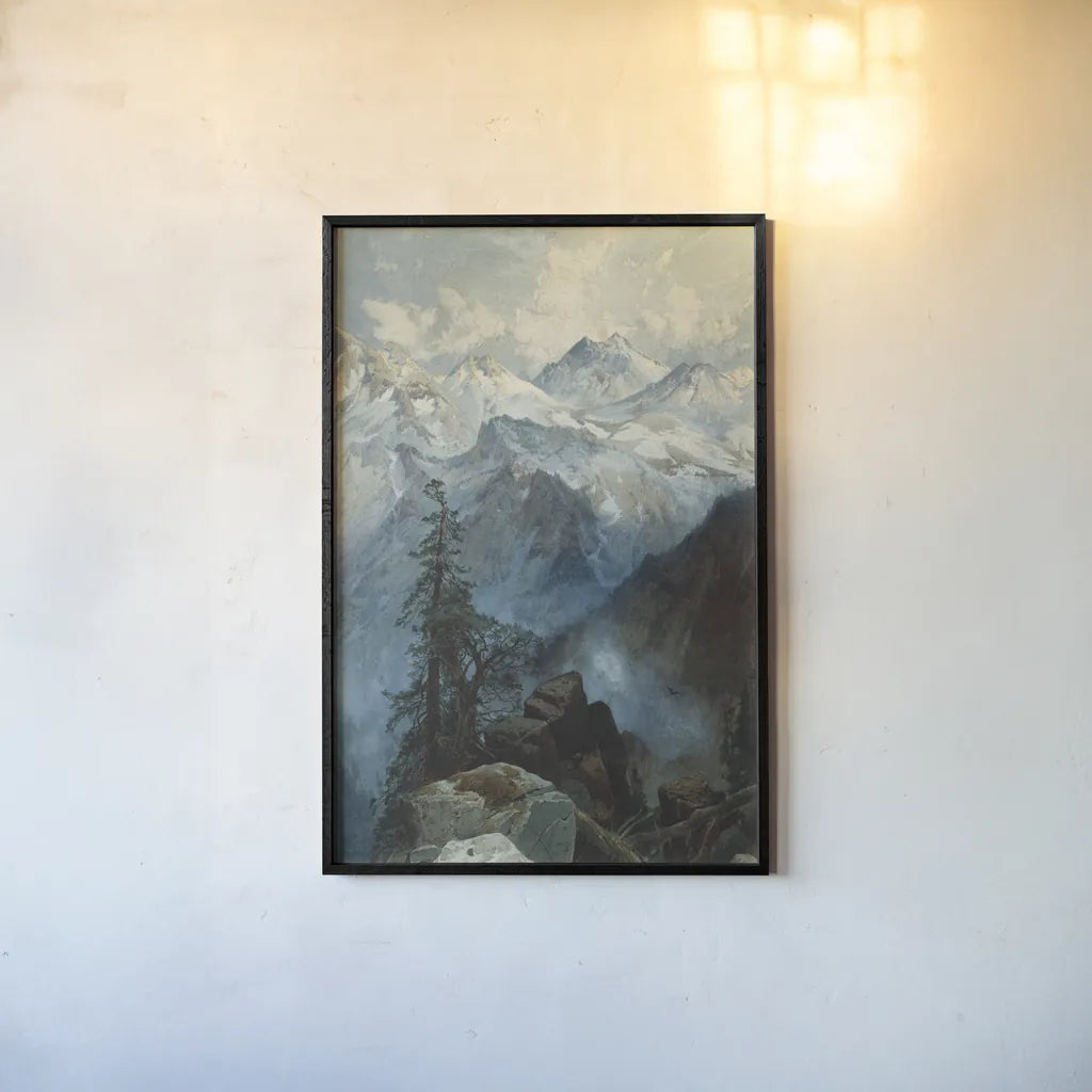 Summit of the Sierras by Public Domain. shown as a paper print in a black flame. Available as a archival giclee rolled canvas, fine art paper, or poster print. SKU 95541h.