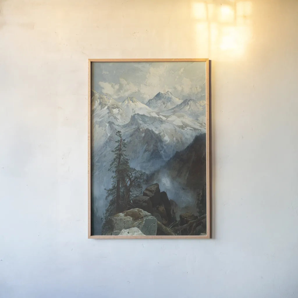 Summit of the Sierras by Public Domain. shown as a paper print in a natural frame. Available as a archival giclee rolled canvas, fine art paper, or poster print. SKU 95541h.