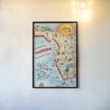 Vintage Florida Travel Map by Public Domain. shown as a paper print in a black flame. Available as a archival giclee rolled canvas, fine art paper, or poster print. SKU 94632h.