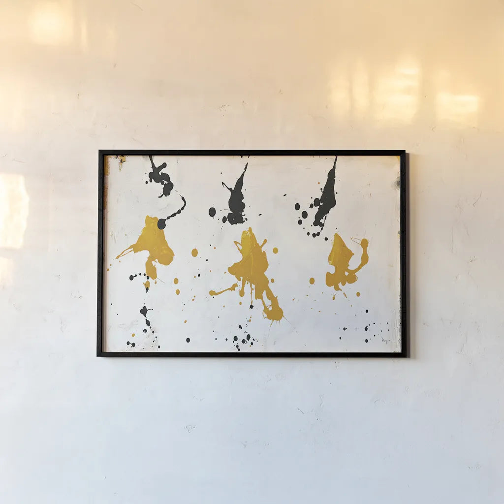 Abstract Background V Gold and Black by Roque Silva. shown as a paper print in a black flame. Available as a archival giclee rolled canvas, fine art paper, or poster print. SKU 22752i.