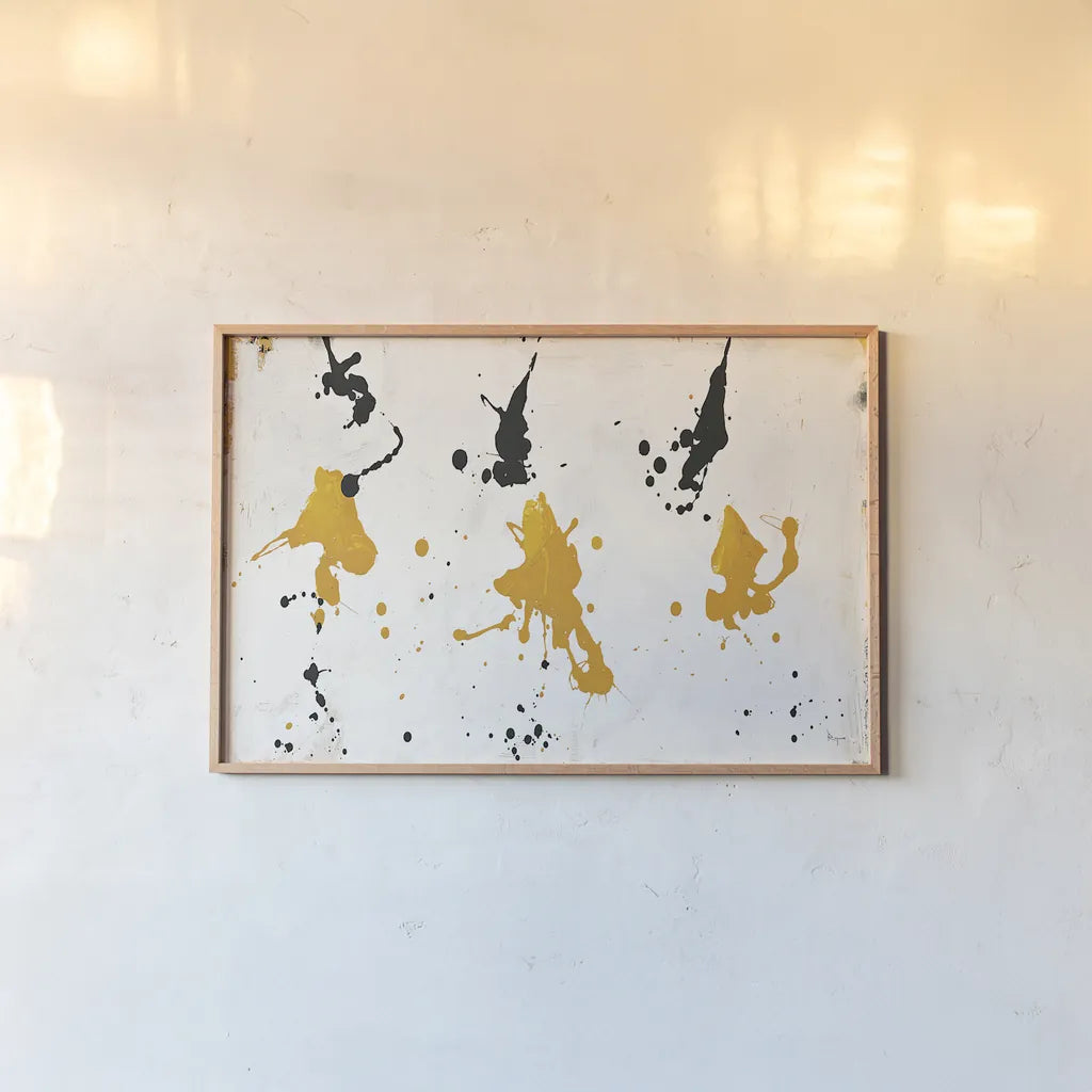 Abstract Background V Gold and Black by Roque Silva. shown as a paper print in a natural frame. Available as a archival giclee rolled canvas, fine art paper, or poster print. SKU 22752i.