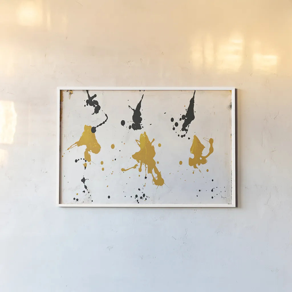 Abstract Background V Gold and Black by Roque Silva. shown as a paper print in a white frame. Available as a archival giclee rolled canvas, fine art paper, or poster print. SKU 22752i.