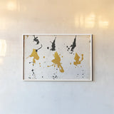 Abstract Background V Gold and Black by Roque Silva. shown as a paper print in a white frame. Available as a archival giclee rolled canvas, fine art paper, or poster print. SKU 22752i.