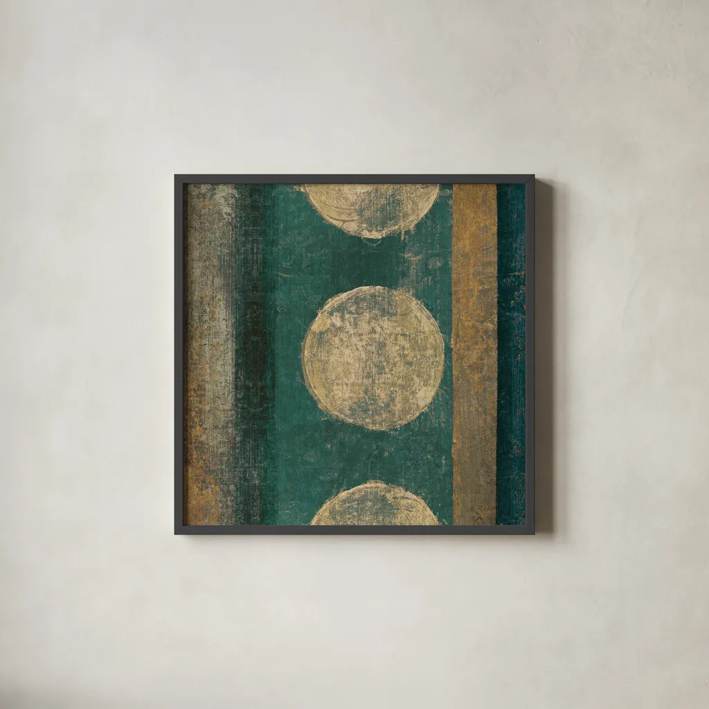 Bora Blue Square I by Roque Silva. Shown in a sleek black glass frame for a contemporary gallery look. Available as an archival giclee rolled canvas, fine art paper, or poster print. SKU 42454a.