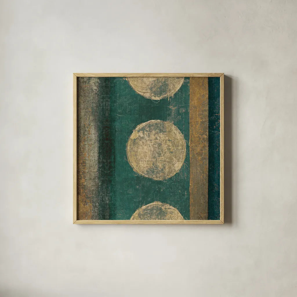 Bora Blue Square I by Roque Silva. Shown in a natural wood glass frame for a timeless modern aesthetic. Available as an archival giclee rolled canvas, fine art paper, or poster print. SKU 42454a.