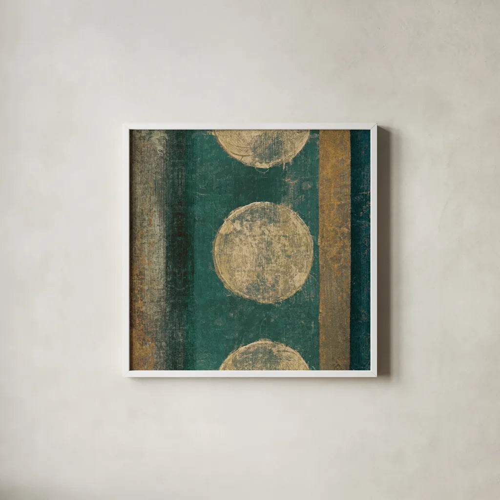 Bora Blue Square I by Roque Silva. Shown in a crisp white glass frame for a clean and minimalist style. Available as an archival giclee rolled canvas, fine art paper, or poster print. SKU 42454a.