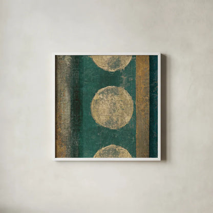 Bora Blue Square I by Roque Silva. Shown in a crisp white glass frame for a clean and minimalist style. Available as an archival giclee rolled canvas, fine art paper, or poster print. SKU 42454a.