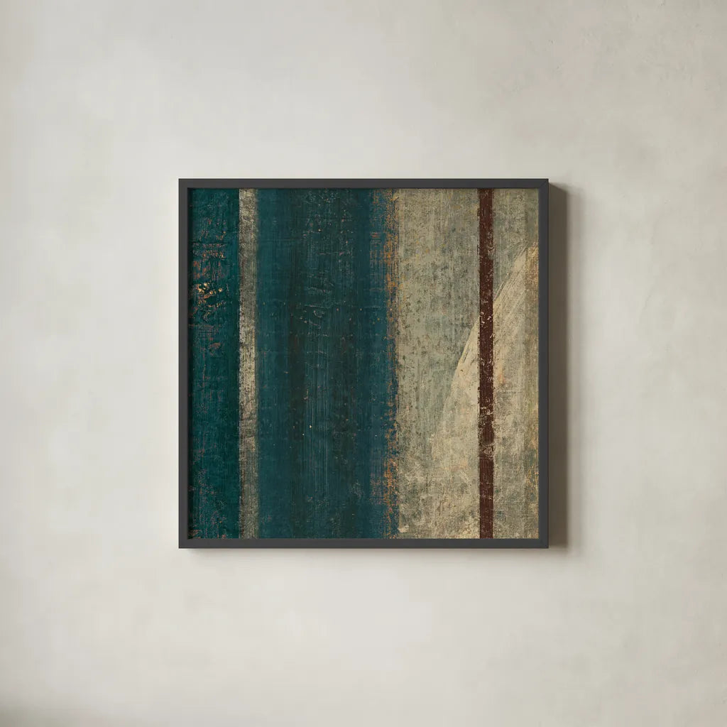 Bora Blue Square II by Roque Silva. Shown in a sleek black glass frame for a contemporary gallery look. Available as an archival giclee rolled canvas, fine art paper, or poster print. SKU 42455a.