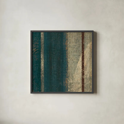 Bora Blue Square II by Roque Silva. Shown in a sleek black glass frame for a contemporary gallery look. Available as an archival giclee rolled canvas, fine art paper, or poster print. SKU 42455a.