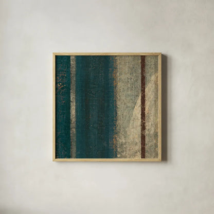 Bora Blue Square II by Roque Silva. Shown in a natural wood glass frame for a timeless modern aesthetic. Available as an archival giclee rolled canvas, fine art paper, or poster print. SKU 42455a.