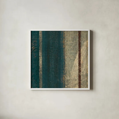 Bora Blue Square II by Roque Silva. Shown in a crisp white glass frame for a clean and minimalist style. Available as an archival giclee rolled canvas, fine art paper, or poster print. SKU 42455a.