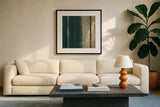 Bora Blue Square II by Roque Silva. Displayed in a glass frame with matte in a clean modern living room. Available as an archival giclee rolled canvas, fine art paper, or poster print. SKU 42455a.