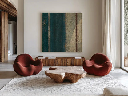 Bora Blue Square II by Roque Silva. Shown as extra-large giant wall art in a modern living room. Available as an archival giclee rolled canvas, fine art paper, or poster print. SKU 42455a.