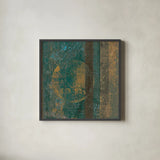 Bora Blue Square III by Roque Silva. Shown in a sleek black glass frame for a contemporary gallery look. Available as an archival giclee rolled canvas, fine art paper, or poster print. SKU 42456a.