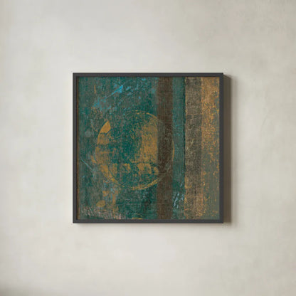 Bora Blue Square III by Roque Silva. Shown in a sleek black glass frame for a contemporary gallery look. Available as an archival giclee rolled canvas, fine art paper, or poster print. SKU 42456a.