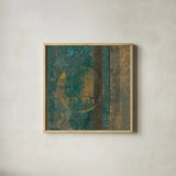 Bora Blue Square III by Roque Silva. Shown in a natural wood glass frame for a timeless modern aesthetic. Available as an archival giclee rolled canvas, fine art paper, or poster print. SKU 42456a.
